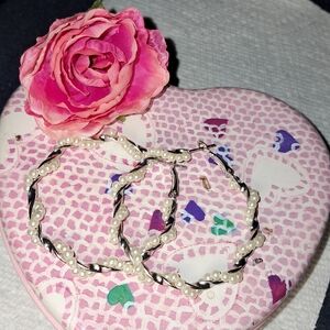 Twisted Hoop Silvertone Earrings w/ Faux Pearl Beading